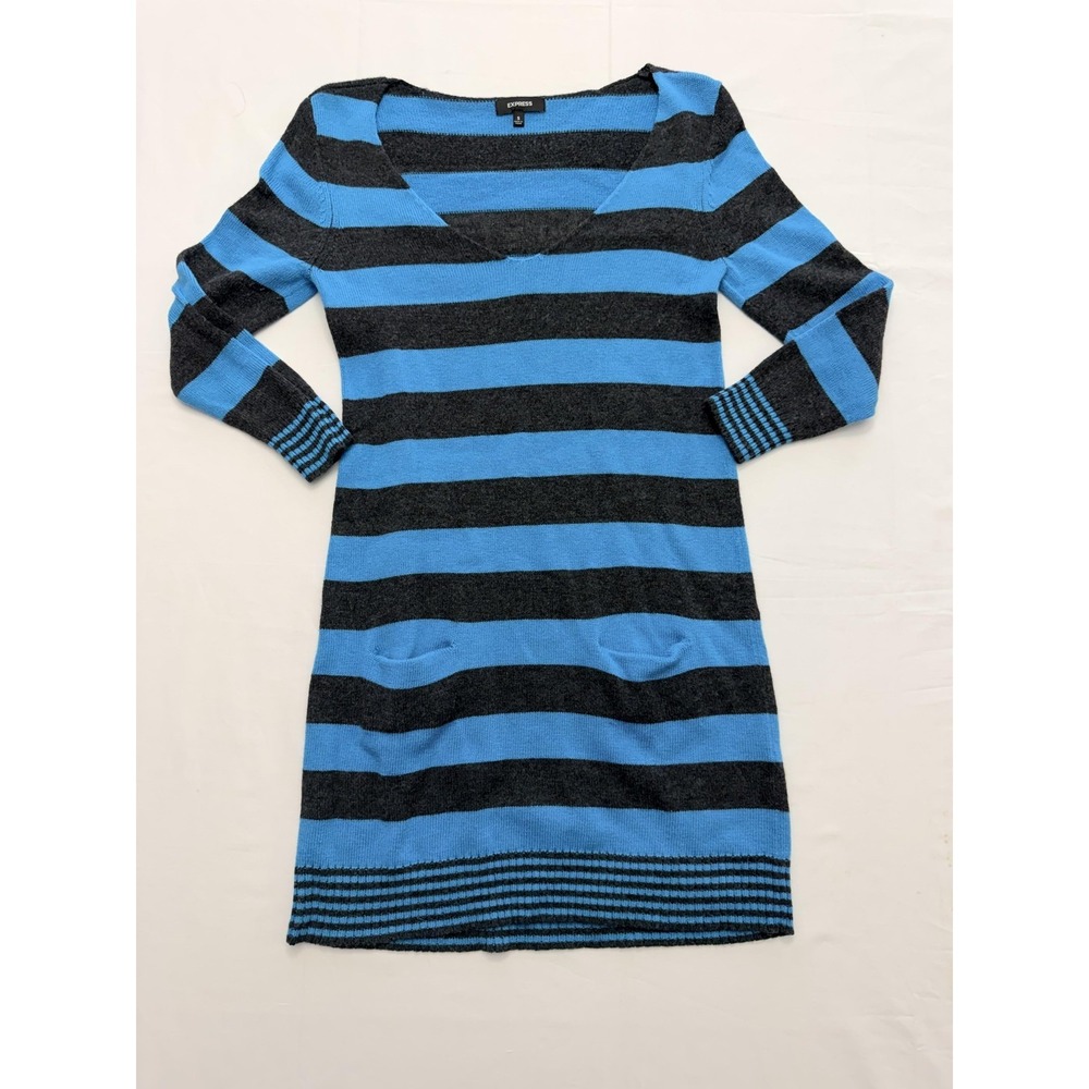 Express Sweater Dress Womens Small Blue Striped V Neck Long Sleeve Knit Pockets